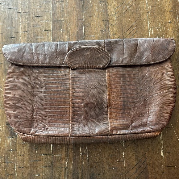 Yvette Handbags - Vintage By Yvette New York Genuine Leather Lizard Skin Clutch Bag Brown